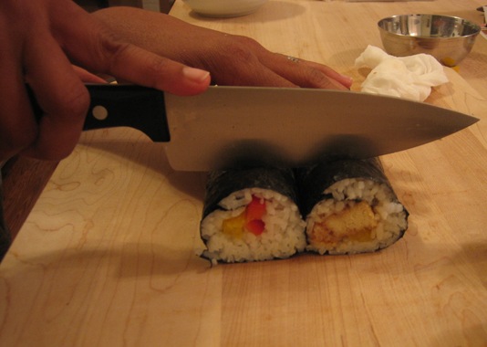 cutting veggie sushi